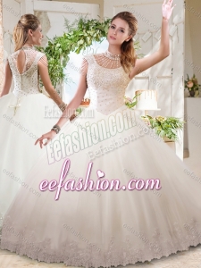 See Through Ball Gowns High Neck Lace Beaded Fashionable Quinceanera Dresses with Zipper Up