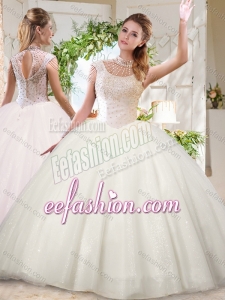 See Through White Ball Gowns High Neck Sequins Beaded Fashionable Quinceanera Dresses with Zipper Up