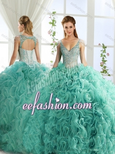 Sexy Deep V Neck Mint Detachable Quinceanera Dresses with Beading and Appliques