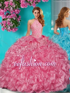 Sophisticated Halter Top Puffy Skirt Quinceanera Gowns in Beading and Ruffles