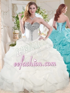 White Ball Gowns Beaded and Bubbles Puffy Quinceanera Gowns with Sweetheart