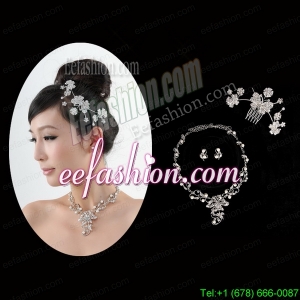Butterfuly Rhinestone and Pearl Necklace Headpiece Wedding Jewelry Set