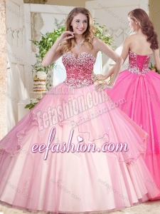 Lovely Ruffled Layers Puffy Quinceanera Gowns with Beaded Bodice in Pink