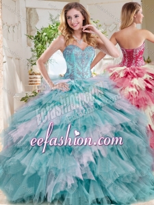 Popular Beaded and Ruffled Big Puffy Quinceanera Gowns in Blue and White