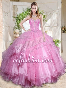 Popular Rose Pink Really Puffy Exquisite Quinceanera Dresses with Beading and Ruffles Layers