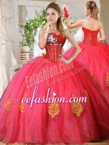 Romantic Beaded and Gold Applique Really Puffy Fashionable Quinceanera Dresses in Red