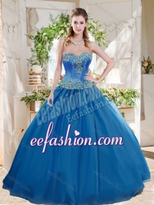 Romantic Big Puffy Blue Puffy Quinceanera Gowns with Beading and Appliques