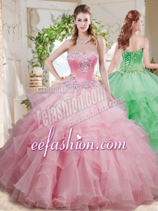 Wonderful Beaded and Ruffled Layer Big Puffy Puffy Quinceanera Gowns in Baby Pink