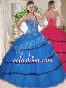 Wonderful Beaded and Ruffled Layers Blue Exquisite Quinceanera Dresses in Organza