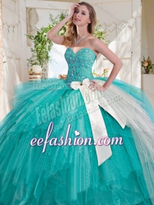 Wonderful Turquoise Big Puffy Fashionable Quinceanera Dresses with Beading and White Bowknot