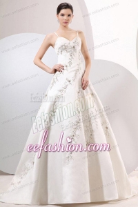 A-Line Straps Embroidery Satin Wedding Dress with Zipper-up
