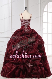 Burgundy Spaghetti Straps Appliques and Pick-ups Long Quinceanera Dres