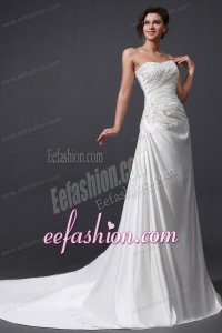 Elegant Column Strapless Ruching and Appliques Wedding Dress with Court Train