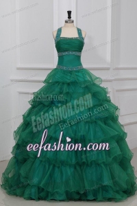 Green Halter Top Beading and Ruffles Layered Quinceanera Dress