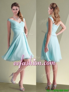 Lovely Chiffon Off the Shoulder Aqua Blue Bridesmaid Dress with Ruching