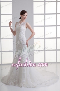 Mermaid V-Neck Lace Appliques Court Train Wedding Dress with Zipper Up