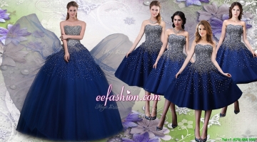 Most Popular Beaded Big Puffy Quinceanera Package and Elegant Tea Length Navy Blue Dama Dresses