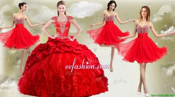 New Arrivals Red Big Puffy Quinceanera Package and Wonderful Rhinestoned and Ruched Dama Dresses