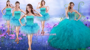 New Arrivals Teal Really Puffy Quinceanera Package and Gorgeous Sequined and Ruffled Layers Dama Dresses