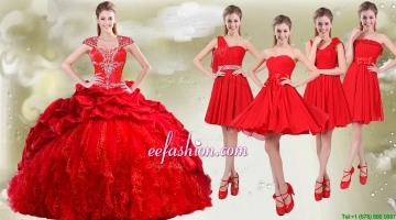Popular Cap Sleeves Quinceanera Package and Beautiful Chiffon Short Dama Dresses in Red