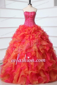Strapless Red and Orange Red Quinceanera Dress with Beading and Ruffles