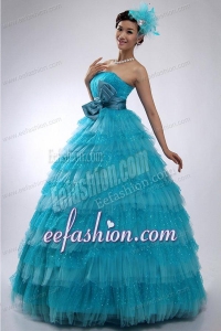 Teal Strapless Tulle and Sequins Long Quinceanera Dress with Bowknot