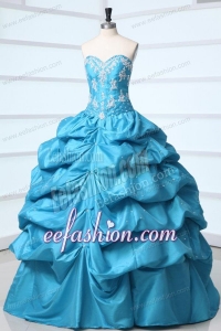 Teal Sweetheart Taffeta Quinceanera Dress with Appliques and Pick-ups