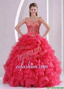 2015 Modern and New Style Beading and Ruffles Quince Dresses in Red
