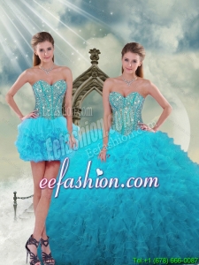 2015 Spring Luxurious and Popular Beading and Ruffles Turquoise Dresses For Quince