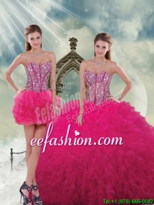 2015 Unique Beading and Ruffles Dresses For Quince in Hot Pink
