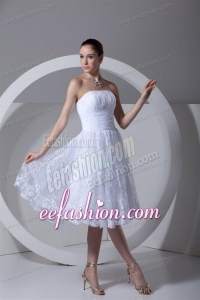 A-Line Strapless Tea-length Lace and Ruching Wedding Dress
