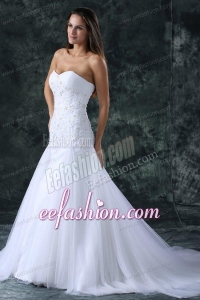 A-Line Sweetheart Beading Tulle Wedding Dress with Court Train