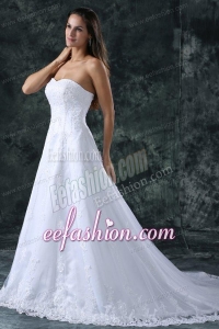 A-Line Sweetheart Court Train Lace and Appliques Organza Wedding Dress