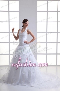 A-line Halter Top Appliques and Ruching Court Train Wedding Dress