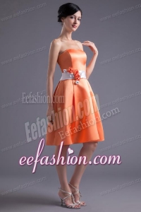 A-line Orange Red Strapless Sash Knee-length Satin Prom Dress