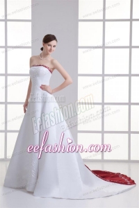 A-line Strapless Embroidery Chapel Train Satin Wedding Dress