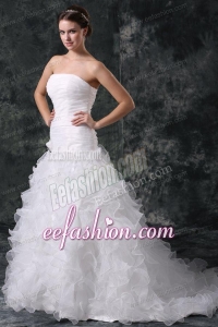 A-line Strapless Organza Wedding Dress with Flower and Ruffles Layered
