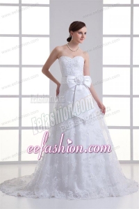 A-line Sweetheart Sash Lace Court Train Wedding Dress