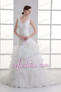 A-line V-neck Hand Made Flower Ruching Ruffles Court Train Wedding Dress