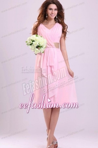 Baby Pink Empire V-neck Chiffon Prom Dress with Ruches