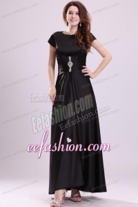 Bateau Black Beading Empire Ankle-length Prom Dress with Short Sleeves