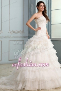 Beading and Flower Strapless Wedding Dress with Ruffles Layered