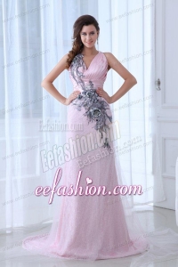 Beautiful Pink Column V-neck Tulle and Taffeta Prom Dress with Appliques