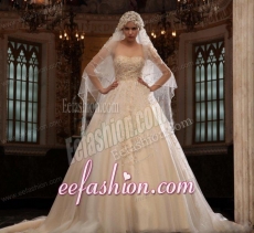 Champagne Ball Gown Sweetheart Hand Made Flower Tulle Wedding Dress