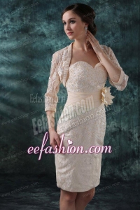 Champagne Column Sweetheart Knee-length Wedding Dress with Flowers