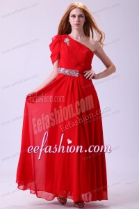 Chiffon Simple Empire One Shoulder Beading Short Sleeves Red Prom Dress