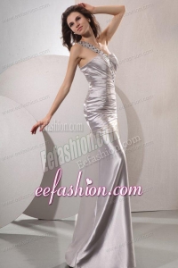 Column Beaded Decorate One Shoulder Long Prom Dress in Gray
