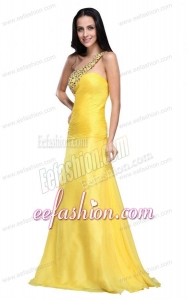 Column One Shoulder Light Yellow Beading Ruching Chiffon Prom Dress