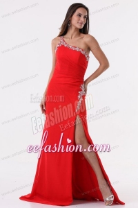 Column Red One Shoulder Beading High Slit Prom Dress