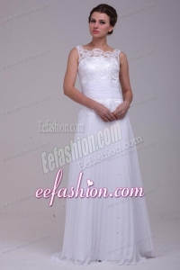 Column Scoop Brush Train Chiffon Wedding Dress with Lace